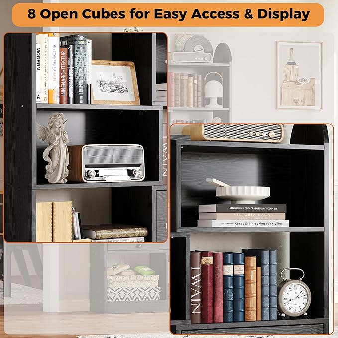 IRONCK Bookshelf and Bookcase with 2 Rattan Design Flip-top Storage Cabinets, 6 Tier 8 Cube Bookcases Storage Shelves Organizer for Living Room, 35.4" Black