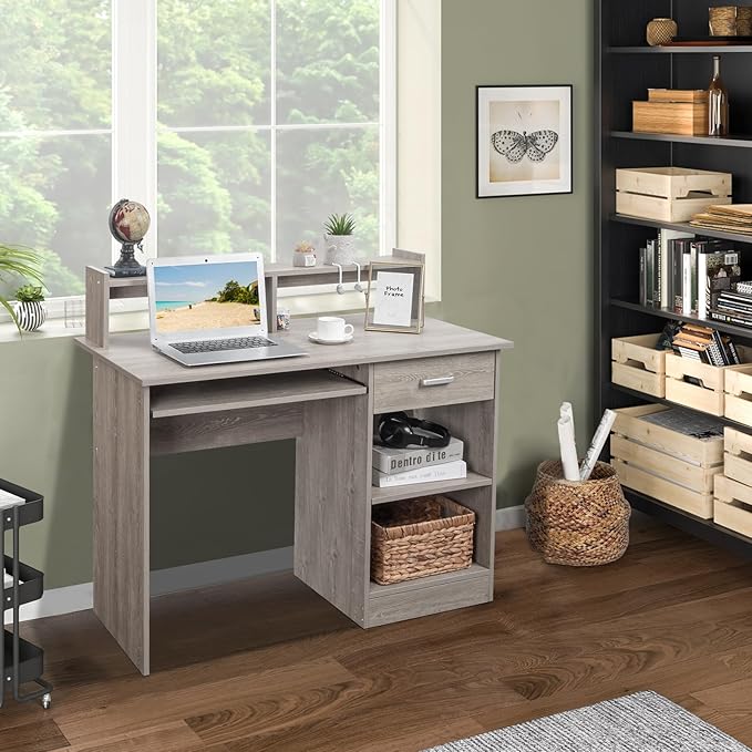 Karl home Computer Desk Study Writing Desk, Wooden Home Office Workstation PC Laptop Table with Drawer Shelf Keyboard Tray, Grey