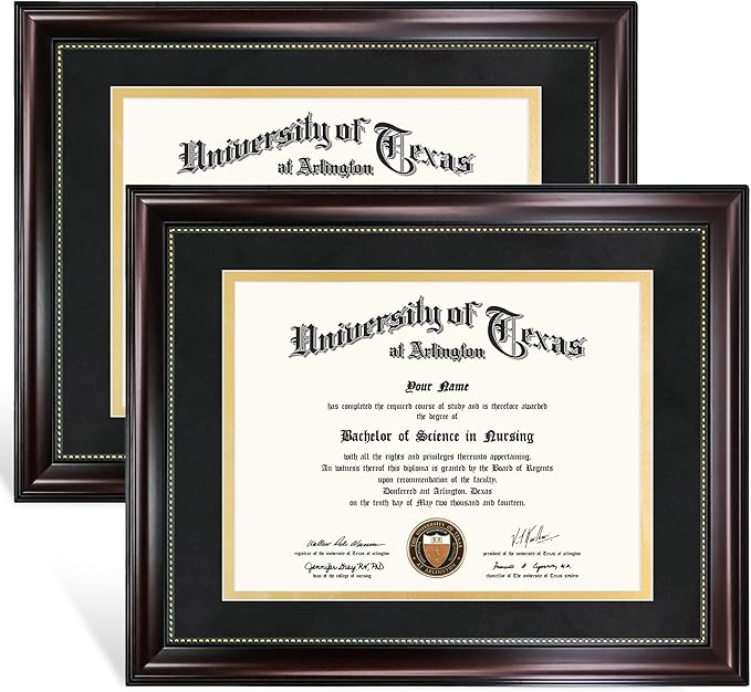 GraduationMall 8.5x11 Diploma Frame with Black over Gold Mat or Display 11x14 Document without Mat, UV Protection Acrylic, Mahogany with Gold Beads, Set of 2