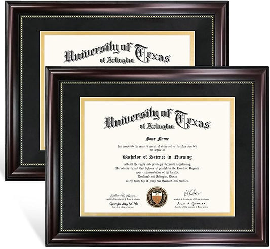 GraduationMall 8.5x11 Diploma Frame with Black over Gold Mat or Display 11x14 Document without Mat, UV Protection Acrylic, Mahogany with Gold Beads, Set of 2