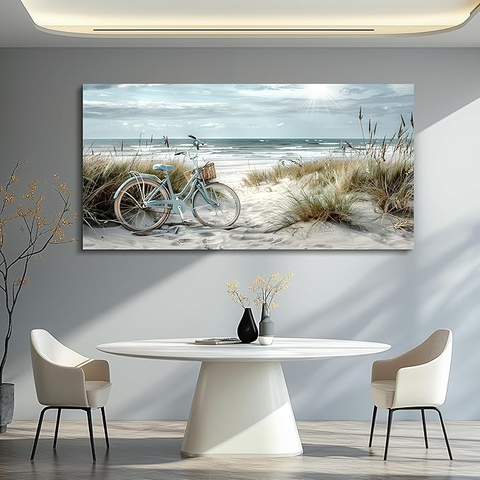 FUHAIHUA Large Wall Decor For Living Room Canvas Wall Art For Bedroom Modern Office Decoration Blue Beach Bicycle Seascape Painting Ocean Landscape Wall Pictures Artwork Home Decor Posters 24"X48"