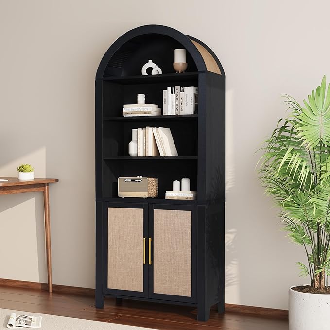 71" Tall Arched Bookcase with Storage, Mid-Century Modern 6-Tier Arch Cabinet with Door, Arched Bookshelf Cabinet with Open Display Storage Shelf for Office Living Room (Black)