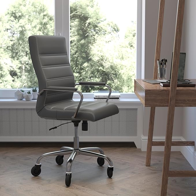 Flash Furniture Whitney High Back Gray LeatherSoft Executive Swivel Office Chair with Chrome Frame, Arms, and Transparent Roller Wheels