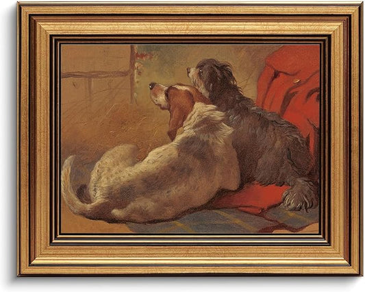 Gold Framed Wall Art Vintage Canvas Wall Art Hound and Bearded Collie Seated on a Hunting Coat Artwork Prints Picture for Living Room Bedroom Farmhouse Bathroom Office Decor, 8x10