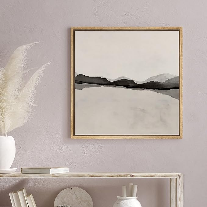 SIGNWIN Framed Canvas Print Wall Art Black Tan Pastel Grunge Wave Collage Abstract Shapes Illustration Modern Art Decorative Nordic Minimal Calm/Zen for Living Room, Bedroom, Office - 16"x16" Natural