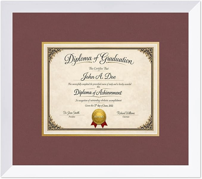 Diploma Frame Bright White with Dark Red Over Gold Double Mat - Fits 10 x 8 Professional License Wall Display Made in the USA