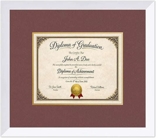 Diploma Frame Bright White with Dark Red Over Gold Double Mat - Fits 10 x 8 Professional License Wall Display Made in the USA