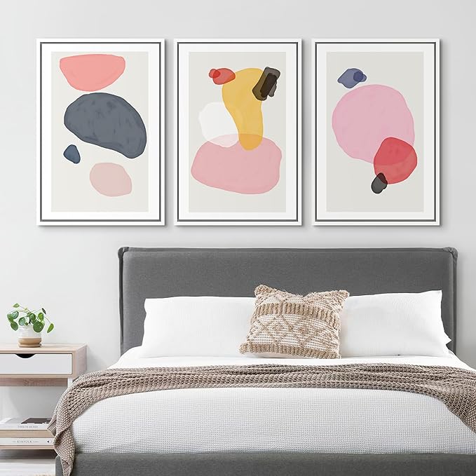 SIGNFORD Framed Wall Art Print Set Pink, Gray, Red & Yellow Transparent Blots Abstract Shapes Digital Art Modern Art Contemporary Colorful for Living Room, Bedroom, Office - 24"x36"x3 White