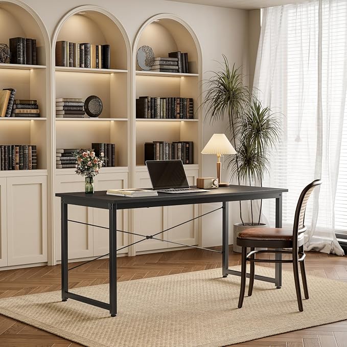 CubiCubi Computer Desk 47" Study Writing Table for Home Office, Modern Simple Style PC Desk, Black Metal Frame, Dark Black