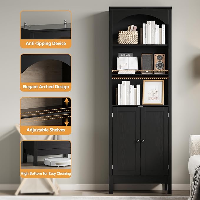 Bookshelf with Doors, 71" Tall Wood Book Shelf with Cabinet, 24" Wide Arched Bookcase with Adjustable Shelf, Floor Standing Display Storage Cabinet for Home Office, Study and Living Room, Modern Black