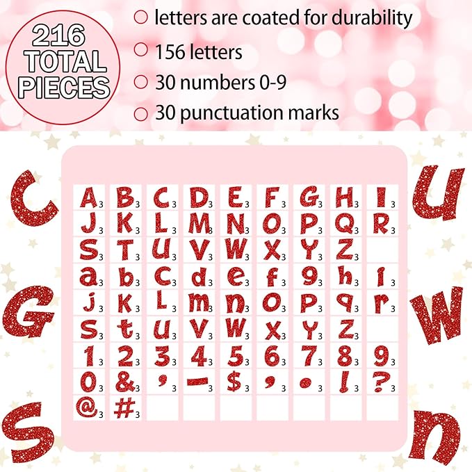Colarr 216 Pcs Glitter Bulletin Board Letters for Classroom Number Alphabet Punctuation Symbol Cutout 4'' Die-Cut Poster Letter with Adhesive Dot School Party Holiday Decor Display(Red)