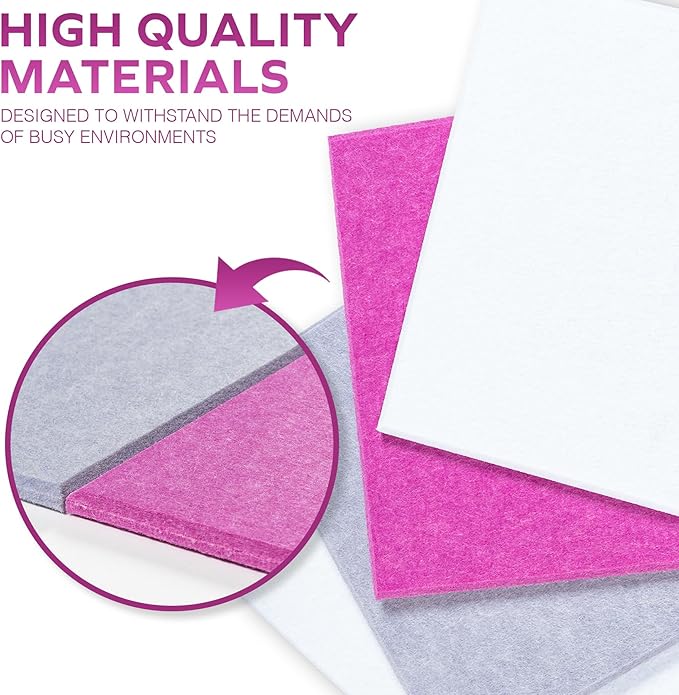 Bulletin Board 40x30in, 12 Count 9.8 x 9.8in Felt Wall Tiles with Removable Adhesive Tape, Cork Board Alternative for Walls, Wall Decor, Kids Art Display, Kids Room (Magenta Accent Collection)