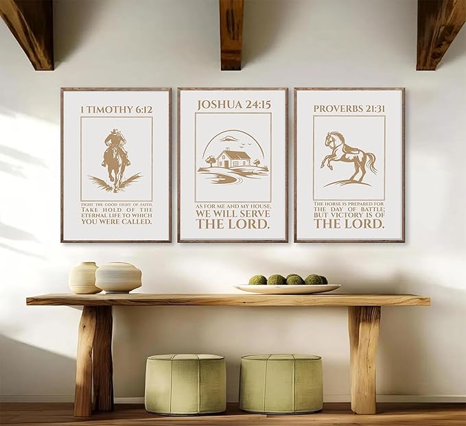 XXOUYLQ 3pcs Western Christian Wall Art Inspirational Scriptures Painting Cowboy Christian Posters Motivational Faith Prints War Horse Bible Pictures Golden Sand Canvas Jesus Wall Decor unframe