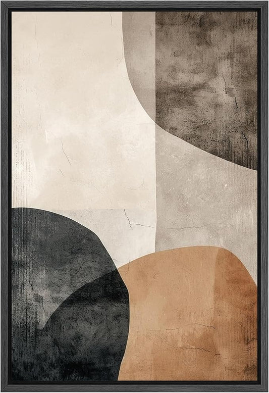 SIGNFORD Framed Canvas Print Wall Art Semi-Abstract Neutral Toned Shapes Illustrations Digital Art Modern Art Decorative Multicolor Rustic Minimal for Bedroom - 16"x24" Black