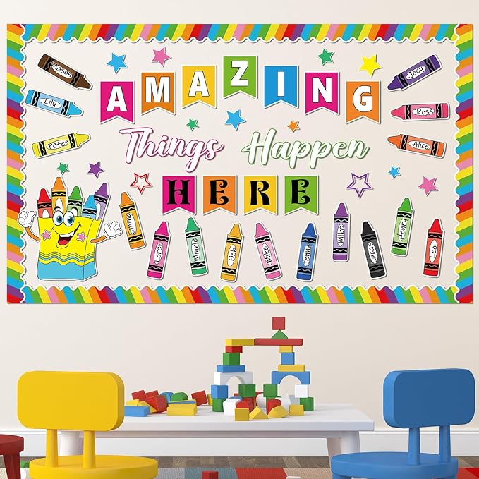 gisgfim 3D Crayon Bulletin Board Decorations Set Welcome Classroom Decor Amazing Things Happen Here Paper Cutouts Back to School Pencil Name Tag Bulletin Board Decor for School Home Chalkboard Wall