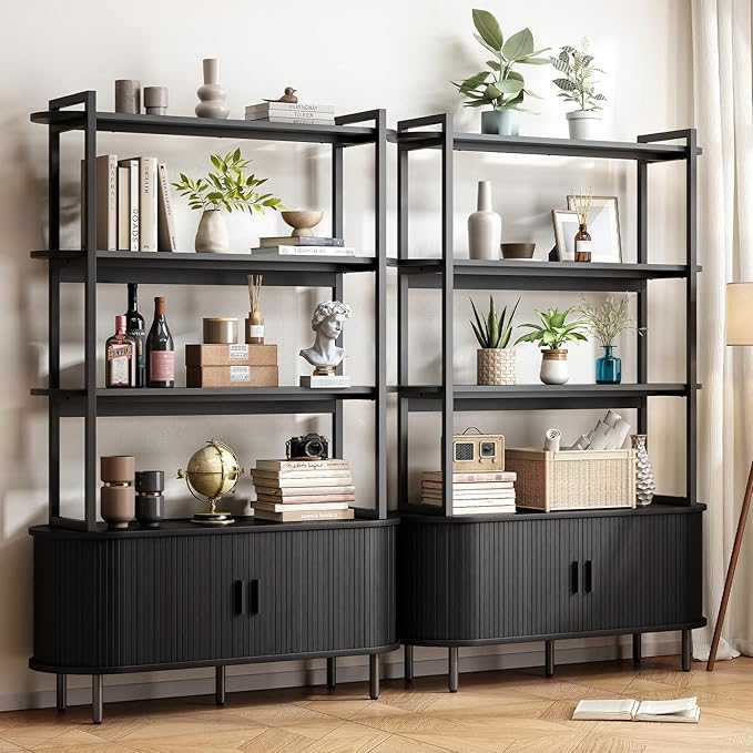 ONBRILL 71" Tall Bookshelf, 4-Tier Book Shelf with Storage Cabinet, Modern Bookcase with Sliding Door and Adjustable Footpad, Freestanding Storage Organizer Bookshelf for Living Room, Bedroom, Black