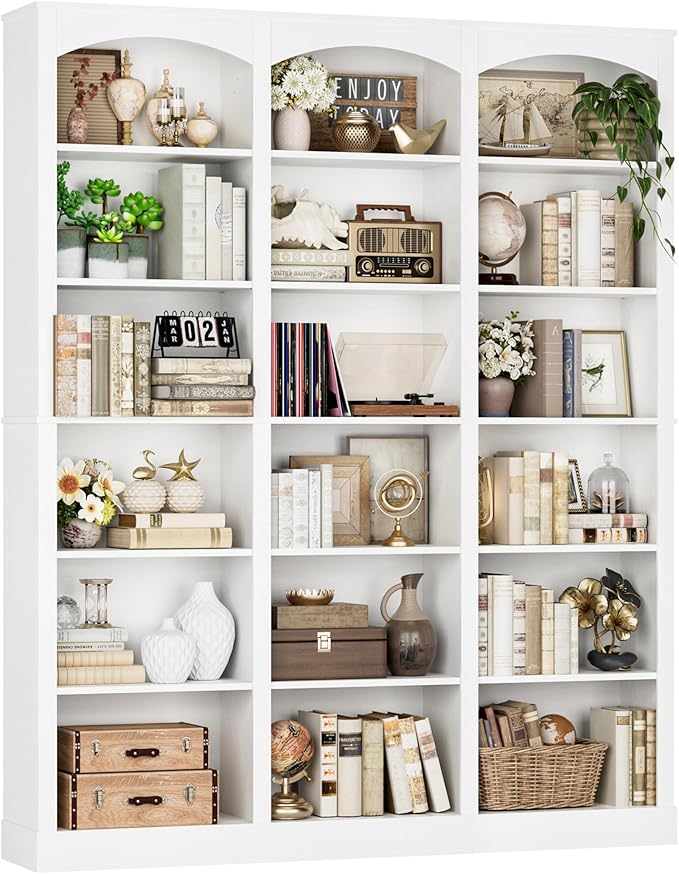 FACBOTALL 71" Triple Wide Bookshelf, 6 Tier Bookcase, Large White Bookshelf with Curved Baffle, 63.4" Wide White Bookcase with 18 Open Display Shelves for Living Room, Study, White