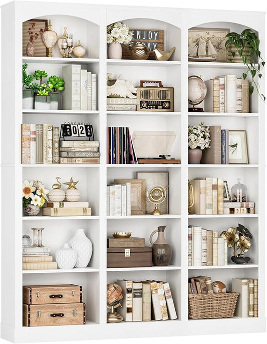 FACBOTALL 71" Triple Wide Bookshelf, 6 Tier Bookcase, Large White Bookshelf with Curved Baffle, 63.4" Wide White Bookcase with 18 Open Display Shelves for Living Room, Study, White