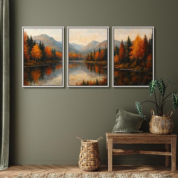 SIGNFORD Framed Wall Art Print Set Autumn Mountain Lake Vibrant Fall Forest Landscape Digital Art Modern Art Contemporary for Living Room, Bedroom, Office - 16"x24"x3 White