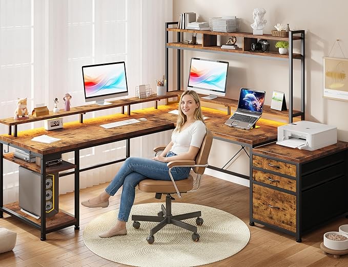 EnHomee 64 x 60 Inches L Shaped Desk with Hutch and Drawers, Gaming Desk with Power Outlet & Monitor Stand & LED Lights, Computer Corner Desk, Two Person Office Desk for Living, Bedroom, Rustic Brown
