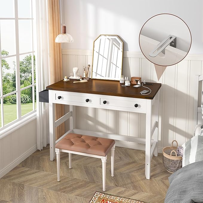 EnHomee Computer Small Desk with Power Outlets, White Desk with 2 Drawers, Small Study Writing Table with Stable Frame for Home Office, Modern Simple Vanity Desks for Bedroom