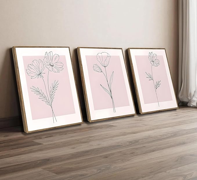 3Pcs Framed Minimalism Botanical Canvas Wall Art Pink Flowers Line Plants Pictures Wall Decor Posters Print Artwork for Girls' Room Living Room Bedroom Bathroom Office Home Decoration