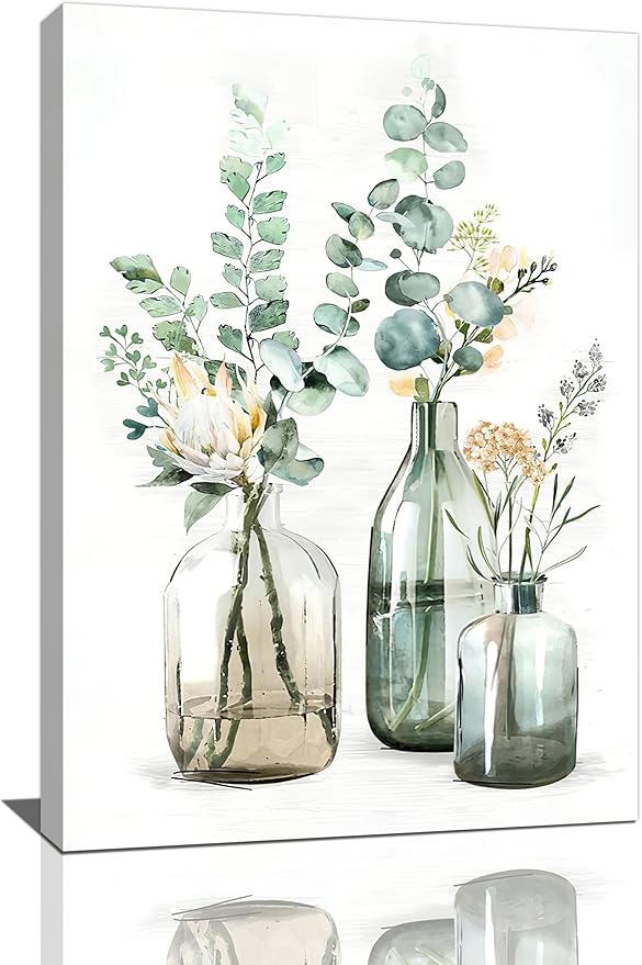 Botanical Bathroom Wall Art Rustic Green Plant Pictures Wall Decor Botanical Canvas Country Print Painting Modern Decoration Artwork for Bathroom Living Room Bedroom Office Framed 16"x24"