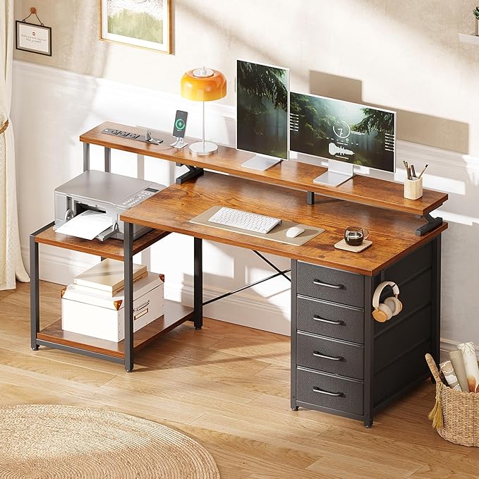 ODK 55 Inch Computer Desk with 4 Drawers, Office Desk with Power Outlets, Printer Shelf & Storage Shelves, Large Writing Study Table for Home, Bedroom, Study or Gaming Setup, Vintage