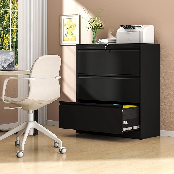 File Cabinet with Lock, 3 Drawer Lateral Filing Cabinet for Home Office, Metal Heavy Duty File Cabinets for Hanging Letter/Legal/F4/A4 Size Files, Assembly Required (Black)