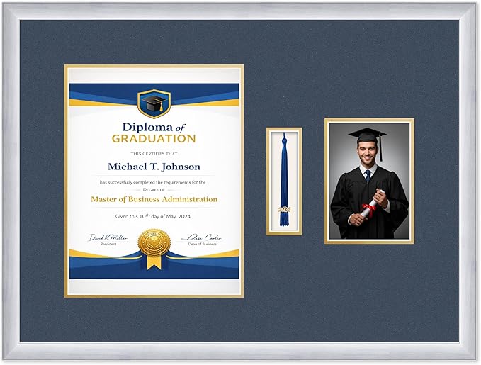 Diploma Tassel and Photo Frame Stainless Silver Shadowbox Navy Blue Over Gold Mat - Fits 10 x 13 Degree Picture Made in the USA