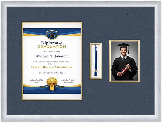 Diploma Tassel and Photo Frame Stainless Silver Shadowbox Navy Blue Over Gold Mat - Fits 10 x 13 Degree Picture Made in the USA