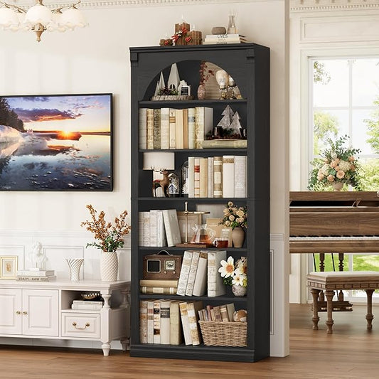 FACBOTALL 73" Tall Arched Bookcase and Bookshelf, Farmhouse Book Shelf with 6 Tiers Open Shelves, Arched Cabinet for Media CD DVD Storage, Wooden Tall Bookcase for Living Room, Home Office, Black