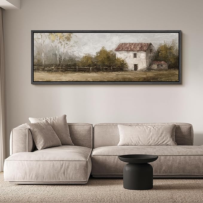 SIGNFORD Large Framed Canvas Rustic Countryside House Landscape Illustrations Modern Art Calm Warm for Living Room, Bedroom, Office - 60"x20"