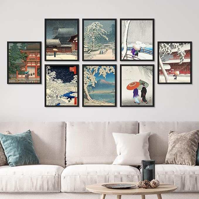 SIGNWIN Framed Poster Wall Art Set of Two Women in The Rain, Two Women in The Snow, Walking by a Temple on a Snowy Day for Living Room, Bedroom, Office - 12"x16"x 8 Black