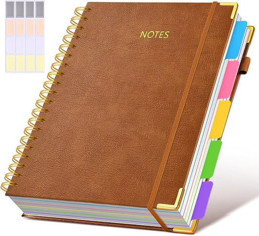 Hardcover Spiral Notebook 8.5"x11" Journal with Removable Dividers Tabs, 300 Pages Leather 5 Subject Notebook College Ruled, Large A4 Notebooks for Work School, Journal for Women, A4 Light Brown