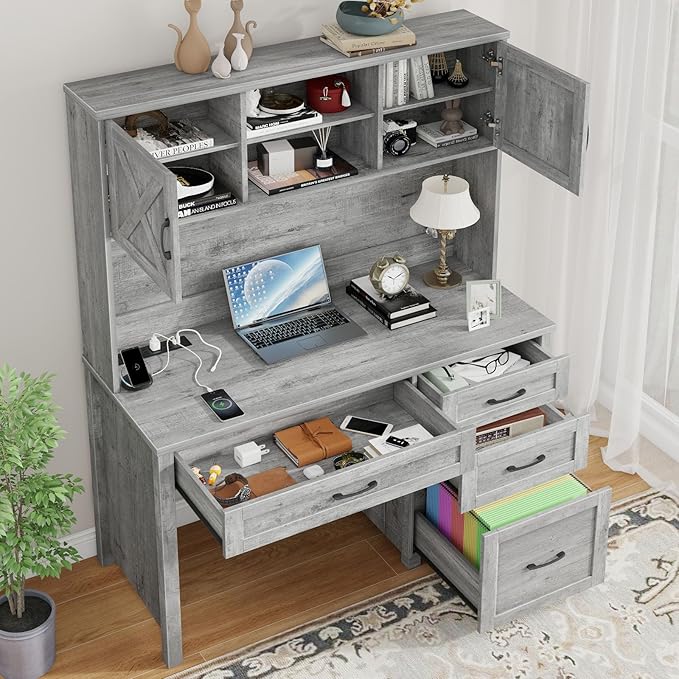 Farmhouse 67" H Executive Desk with Hutch,Office Desk with 4 Drawers and LED light, Wood Workstation for Home Office and Study, Computer Desk with Storage Cabinet,File Drawers, Charging Station.Gray