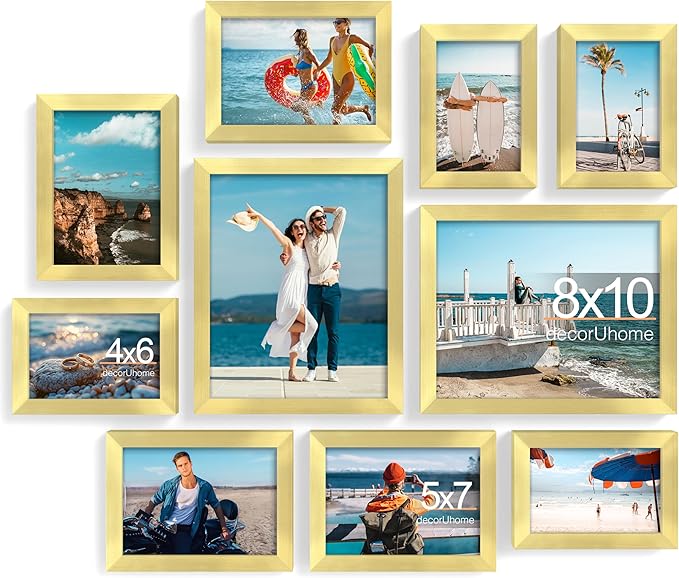 decorUhome Picture Frames Collage Wall Decor for Photo Gallery Display, Assorted Picture Frames set of 10 Including Two 8x10 / Four 5x7 / Four 4x6 for Family Wall Decor, Gold, 10 Pack