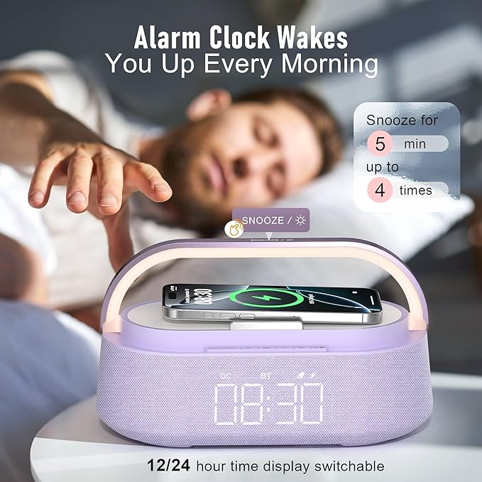 FREEFISH Bluetooth Speaker with Wireless Charger, FM Radio, Dimmer Night Light, Phone Holder, Wireless Charging Speakers for iPhone Samsung, Bedrooms Home Office Gifts