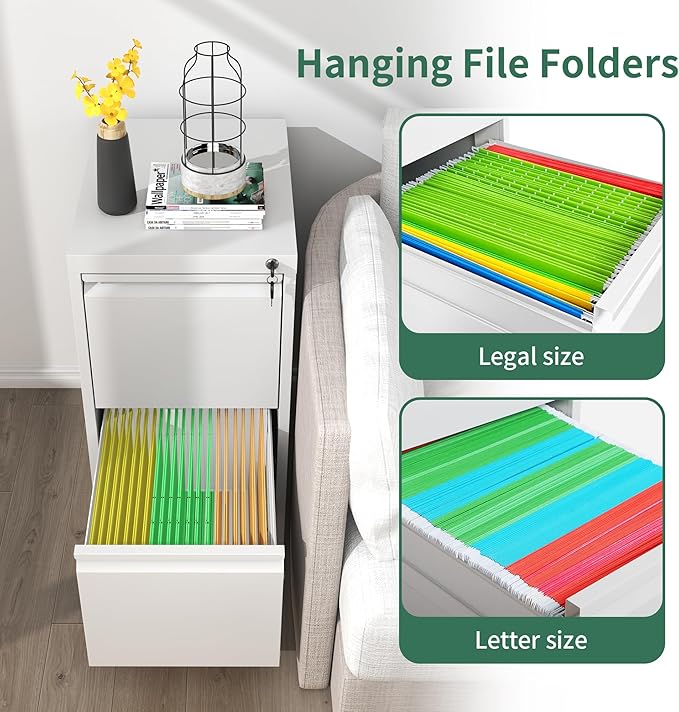 2 Drawer File Cabinet, Vertical File Cabinets with Lock for Home Office,Heavy Duty Office Steel Filing Cabinet for Hanging Letters/Legal/A4, Assembly Required (White)