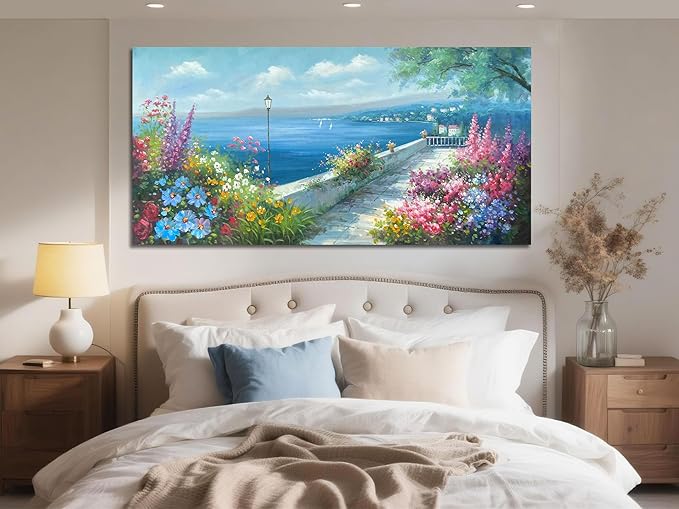 Arjun Blue Landscape Canvas Wall Art for Living Room Ocean Coastal Mediterranean Painting Bedroom, Extra Large Hand Painted Picture Garden Flower Artwork Framed Home Office Wall Decor 58"x29"