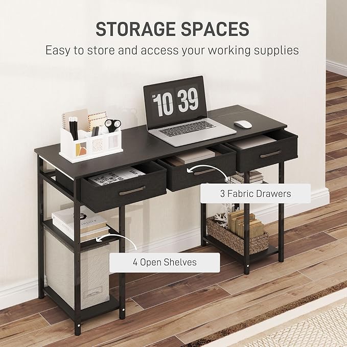 HOMCOM 47" Computer Desk with 3 Fabric Drawers, Home Office Desk with Adjustable Shelves, Small Writing Desk with Storage, Black
