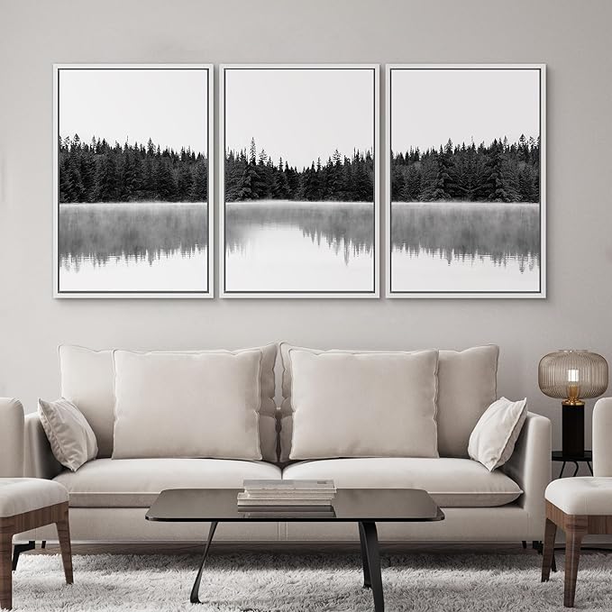 SIGNWIN 3 Piece Framed Canvas Wall Art Woodland Nursery Decor Black and White Forest with Lake Nature Abstract Traditional Home Artwork Decoration for Living Room,Bedroom - 16"x24"x3 White