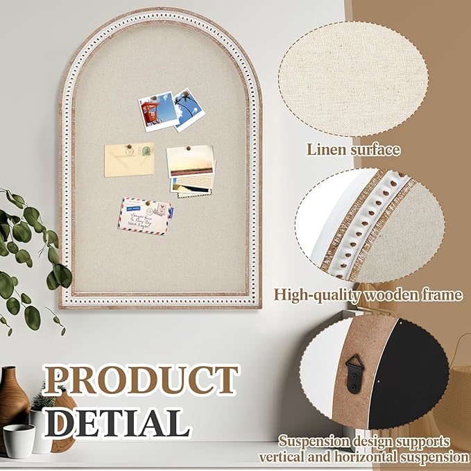 Vintage Framed Pin Board Linen Display Bulletin Board Large Cork Fabric Picture Photo Pinboard Memo Ornate Decorative Pinboard Ornate for Wall Gift(Arch,24" X 36",Boho White)