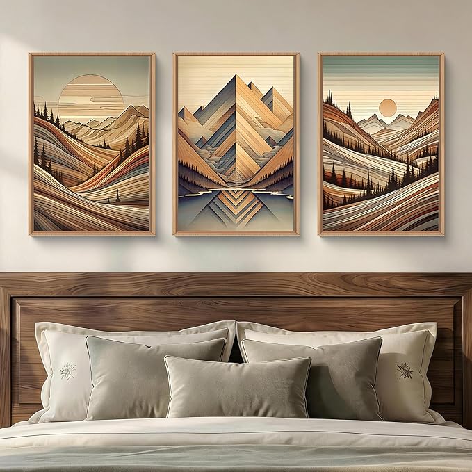Aryroi Vintage Woodcut Style Mountain Framed Canvas Wall Art Set,Mid Century Nature Woodland Pine Tree Wall Decor,Modern Boho Brown Sunrise Forest Artwork for Living Room,Bedroom,Office- 16"x24"x3