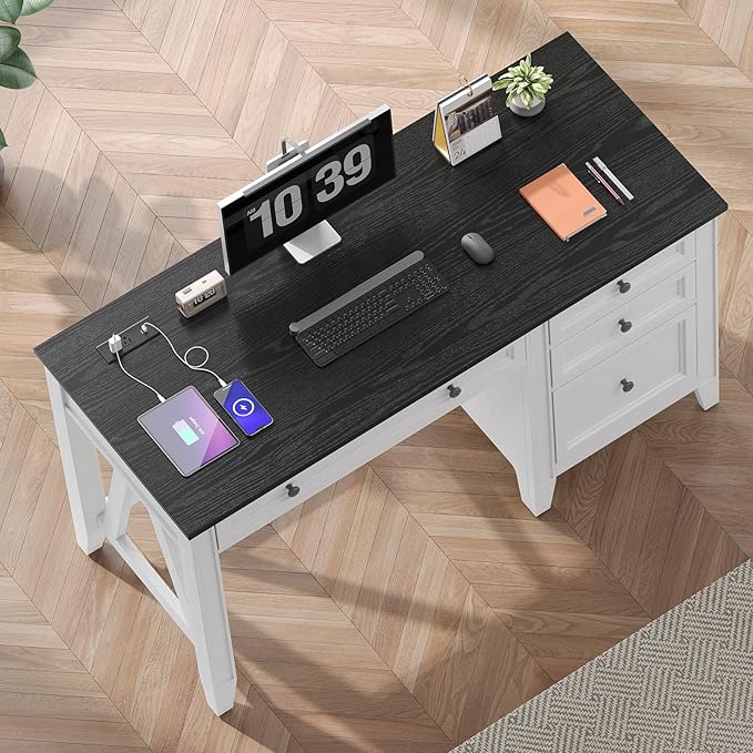 ONBRILL 54 Inch Farmhouse Executive Desk, Computer Desk with Storage Drawers & File Drawer, Modern Home Office Desk with Charging Station for Working, Studying, Writing, Brown (White)