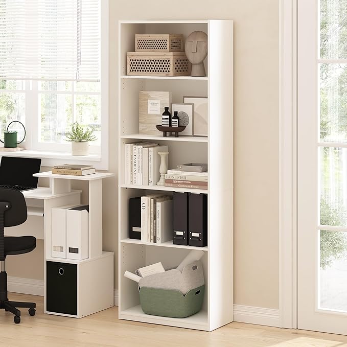 Furinno GEHRY Book Shelf, 5-Tier Bookshelf with Open Shelf, Standing Bookcase with Adjustable Shelves, 11.6 x 24.8 x 71.4, for Living Room, Bedroom, Home Office, White