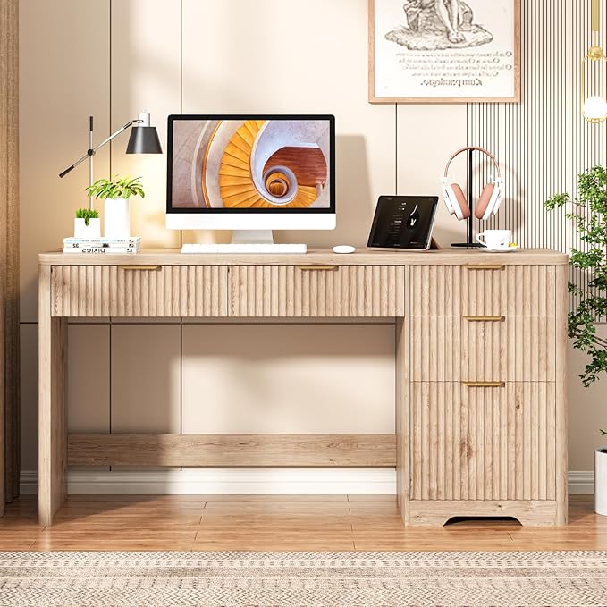 59" Fluted Executive Desk with Adjustable File Drawer, Workstation Computer Desk with 4 Storage Drawers, for Home Office