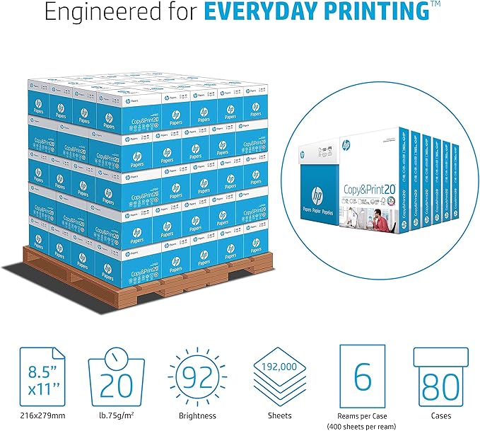 HP Papers Printer Paper 8.5 x 11 Paper Copy &Print 20 lb 80 Case Pallet - 192,000 Sheets 6 Pack Case - 2400 Sheets |FSC Certified 800350P|200010P