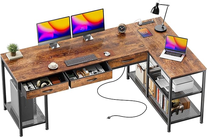 PRAISUN 63 Inch L Shaped Office Desk with Power Outlets and Type-C Port, Large Computer Gaming Desk with 3 Fabric Drawers, Mesh Shelves, Corner Study Work Writing Desk, Rustic Brown