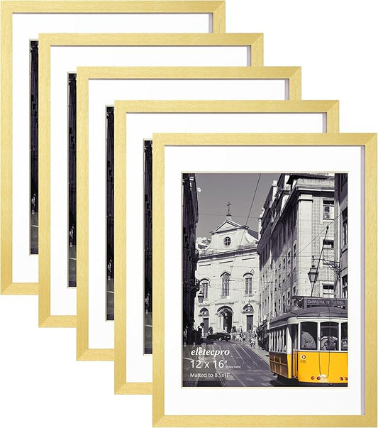 eletecpro 12x16 Picture Frames Set of 5, Gallery Frames Display 8.5x11 Photo with Mat or 12x16 without Mat, Picture Frame Collage Wall Decor for Wall Mounting, Gold
